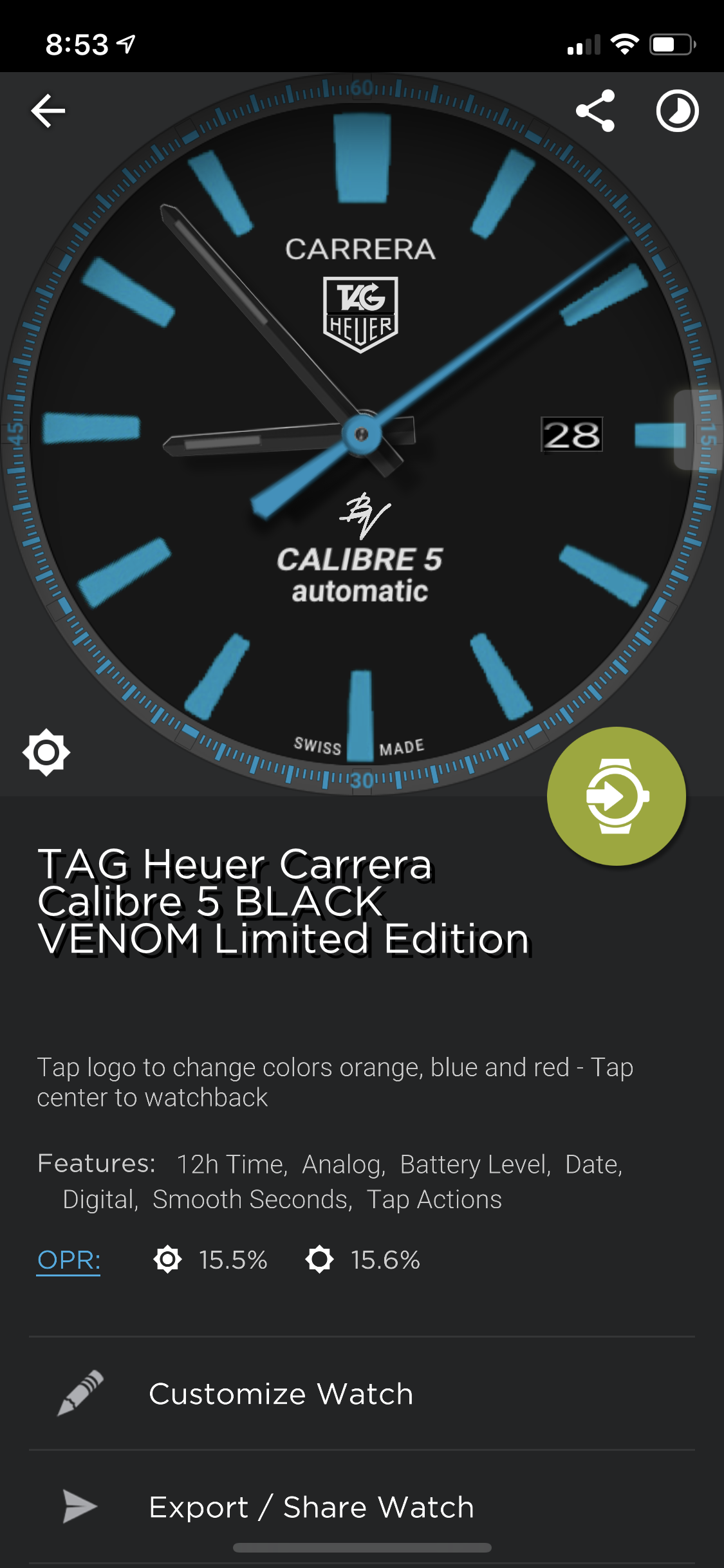 Tag Heuer CARRERA Calibre 5 automatico Black Venom - Limited Edition /10